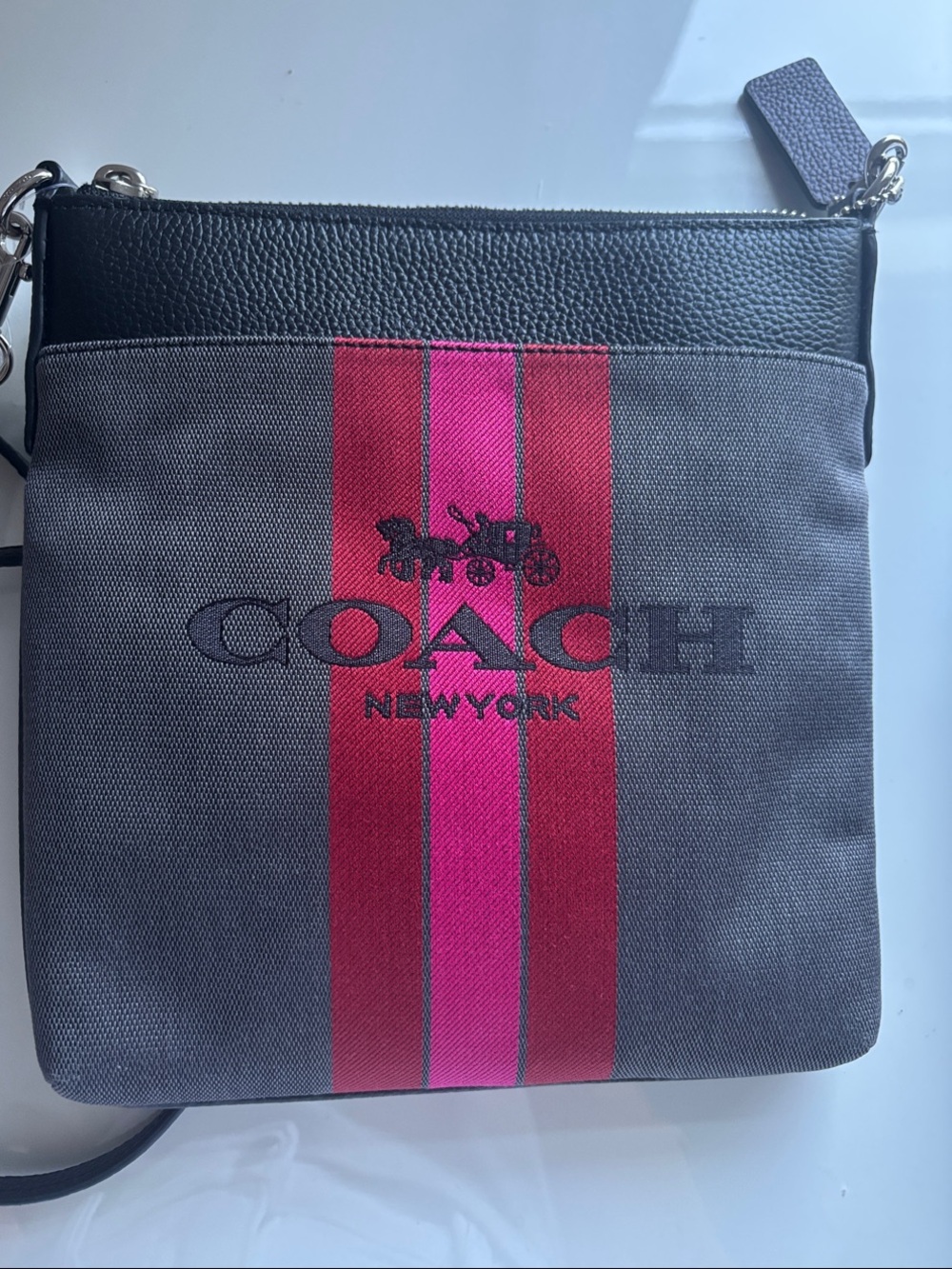 Coach Gray Messenger Bag with Red & Pink Center Stripes
